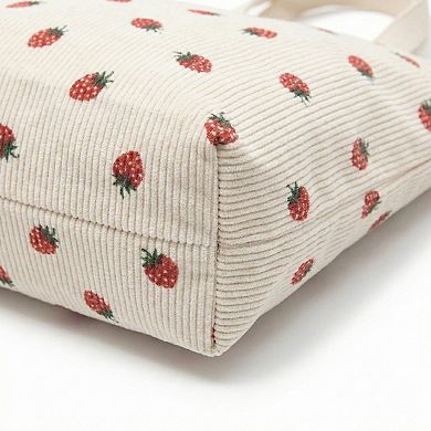 Women's Strawberry Print Corduroy Tote Bag with Double Shoulder Straps and Front Snap Pocket