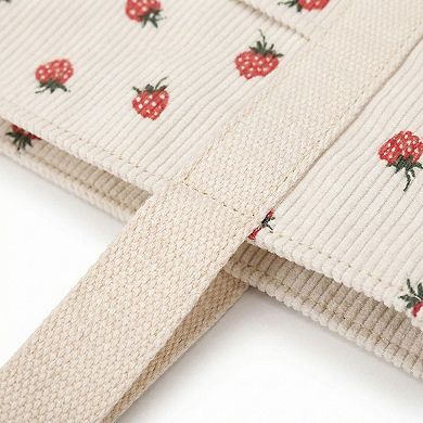 Women's Strawberry Print Corduroy Tote Bag with Double Shoulder Straps and Front Snap Pocket