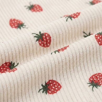 Women's Strawberry Print Corduroy Tote Bag with Double Shoulder Straps and Front Snap Pocket