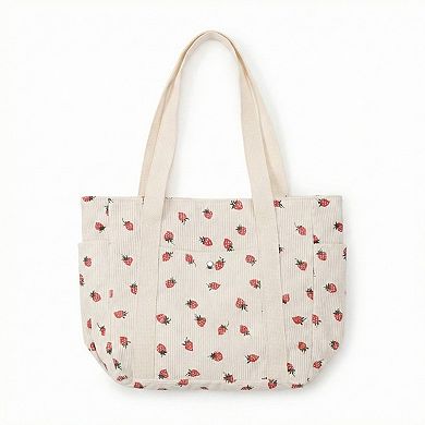 Women's Strawberry Print Corduroy Tote Bag with Double Shoulder Straps and Front Snap Pocket