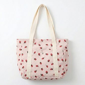 Women's Strawberry Print Corduroy Tote Bag with Double Shoulder Straps and Front Snap Pocket