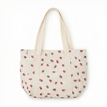 Women's Strawberry Print Corduroy Tote Bag with Double Shoulder Straps and Front Snap Pocket