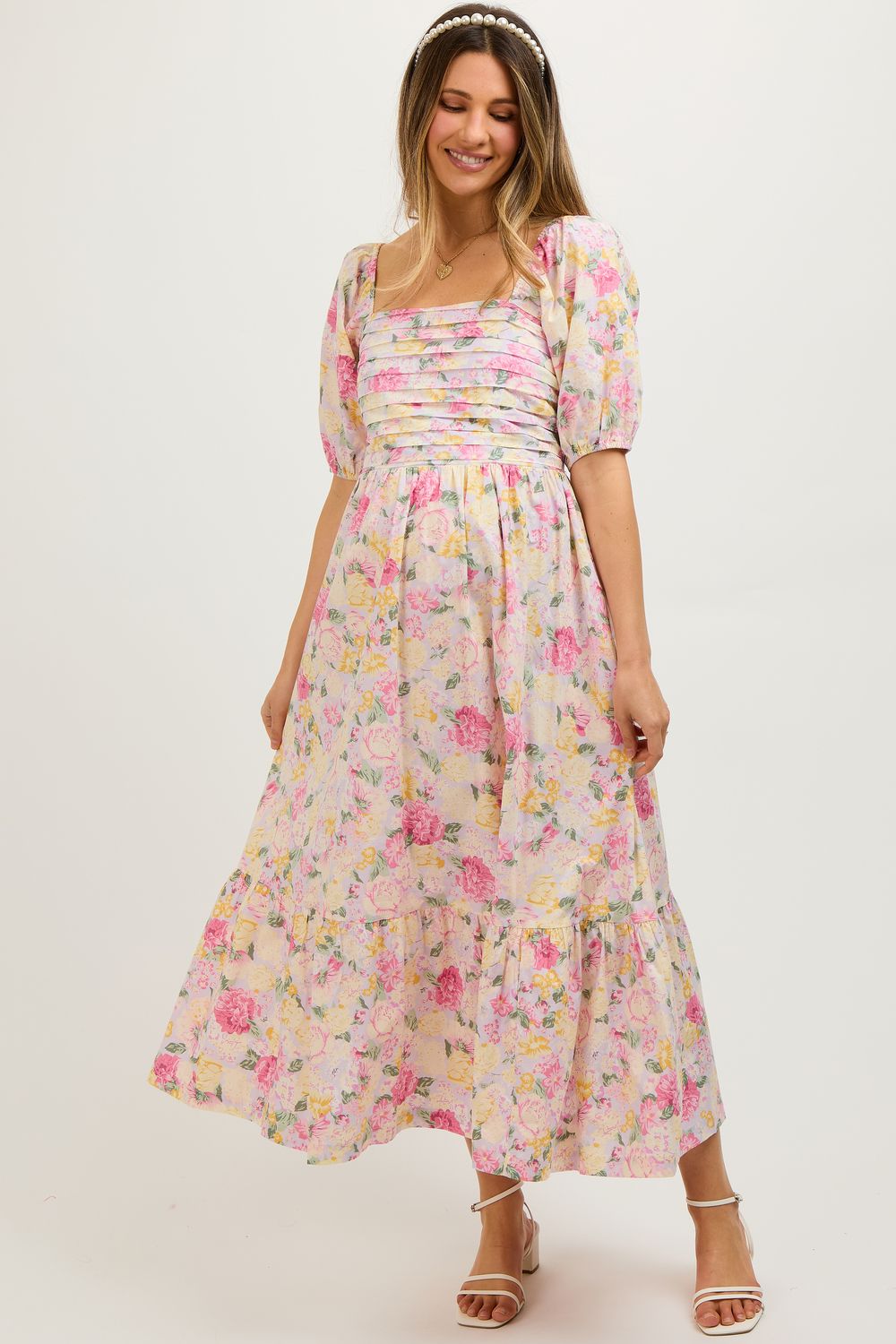 Женские платья Maternity Floral Pleated Puff Sleeve Midi Dress