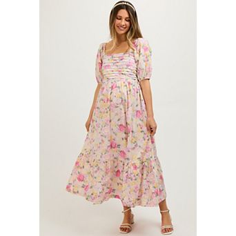 Maternity Floral Pleated Puff Sleeve Midi Dress
