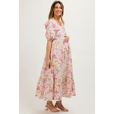 Maternity Floral Pleated Puff Sleeve Midi Dress