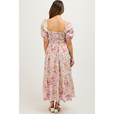 Maternity Floral Pleated Puff Sleeve Midi Dress