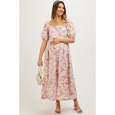 Maternity Floral Pleated Puff Sleeve Midi Dress