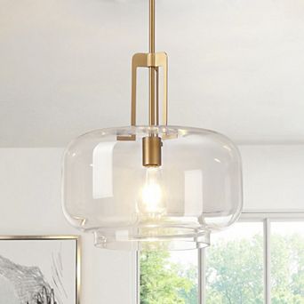 15" Modern Brushed Gold Drum Clear Glass 1-Light Adjustable Pendant Hanging Light