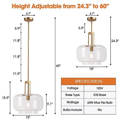 15" Modern Brushed Gold Drum Clear Glass 1-Light Adjustable Pendant Hanging Light