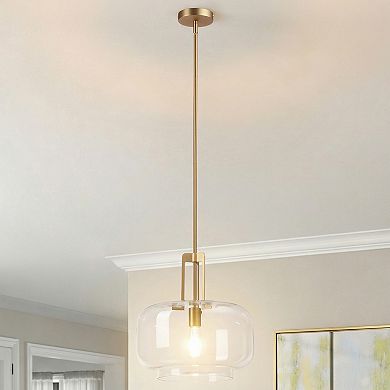 15" Modern Brushed Gold Drum Clear Glass 1-Light Adjustable Pendant Hanging Light