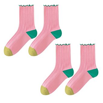 Cotton Crew Socks Color Block Casual Fashion Socks Soft Breathable Stretch Ribbed Socks 2 Pack
