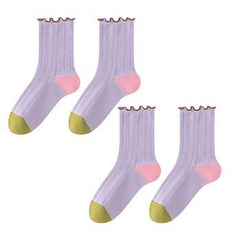 Cotton Crew Socks Color Block Casual Fashion Socks Soft Breathable Stretch Ribbed Socks 2 Pack