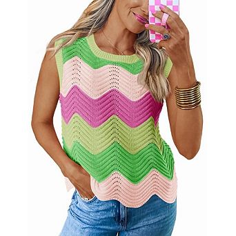 Women's Summer Striped Knit Tank Top Sleeveless Crewneck Rainbow Color Block Cropped Sweater Vest