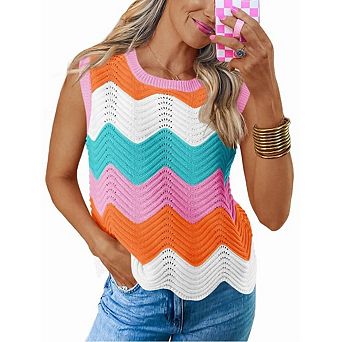 Women's Summer Striped Knit Tank Top Sleeveless Crewneck Rainbow Color Block Cropped Sweater Vest