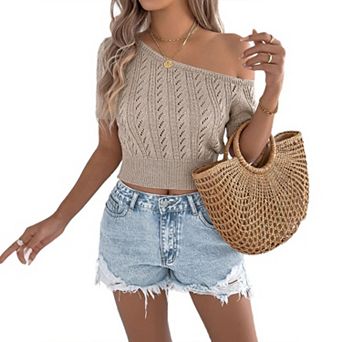 Women One Shoulder Crochet Hollow Out Cable Knit Shirt Short Sleeve Cropped Top Summer Casual Blouse