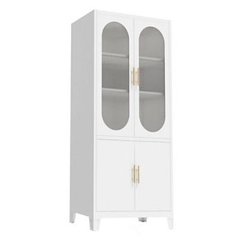 Freestanding Cabinet, Tall Pantry Cabinet with Frosted Tempered Glass Doors, Adjustable Shelves