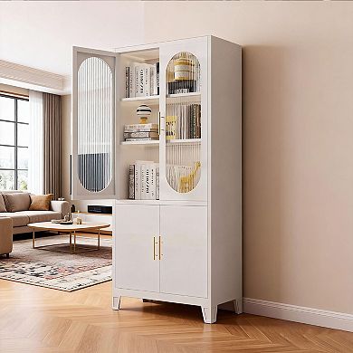 Freestanding Cabinet, Tall Pantry Cabinet with Frosted Tempered Glass Doors, Adjustable Shelves