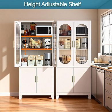 Freestanding Cabinet, Tall Pantry Cabinet with Frosted Tempered Glass Doors, Adjustable Shelves