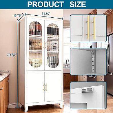 Freestanding Cabinet, Tall Pantry Cabinet with Frosted Tempered Glass Doors, Adjustable Shelves