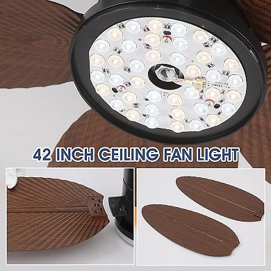 42 Inch Flush Mount Tropical Ceiling Fan with LED Light DC Motor Remote App Control Reversible