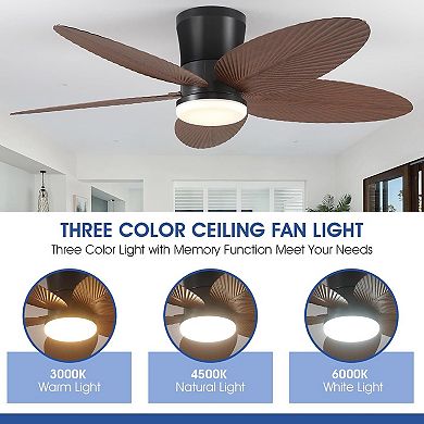 42 Inch Flush Mount Tropical Ceiling Fan with LED Light DC Motor Remote App Control Reversible