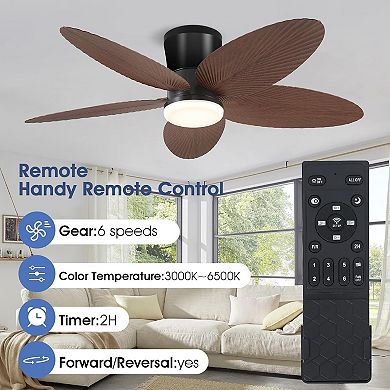 42 Inch Flush Mount Tropical Ceiling Fan with LED Light DC Motor Remote App Control Reversible