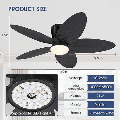 42 Inch Flush Mount Tropical Ceiling Fan with LED Light DC Motor Remote App Control Reversible