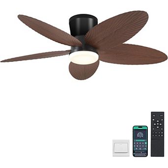 42 Inch Flush Mount Tropical Ceiling Fan with LED Light DC Motor Remote App Control Reversible