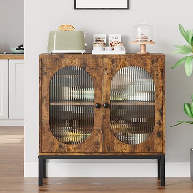 Modern Rattan Storage Cabinet with Doors & Shelves Handwoven Sideboard Buffet Console