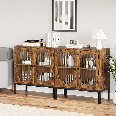 Modern Rattan Storage Cabinet with Doors & Shelves Handwoven Sideboard Buffet Console