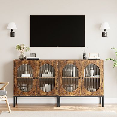 Modern Rattan Storage Cabinet with Doors & Shelves Handwoven Sideboard Buffet Console