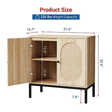 Modern Rattan Storage Cabinet with Doors & Shelves Handwoven Sideboard Buffet Console