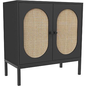 Modern Rattan Storage Cabinet with Doors & Shelves Handwoven Sideboard Buffet Console