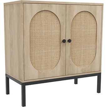 Modern Rattan Storage Cabinet with Doors & Shelves Handwoven Sideboard Buffet Console