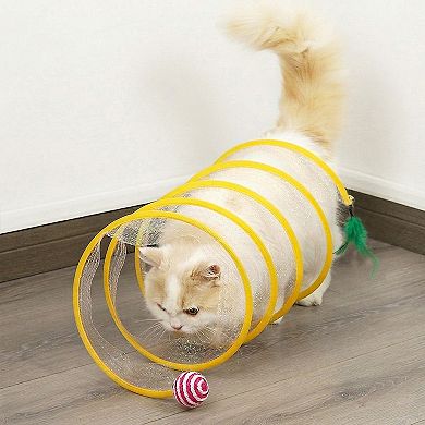 Collapsible Cat Spring Tunnel Toy with Mesh Fabric Hanging Ball Interactive Cat Toy
