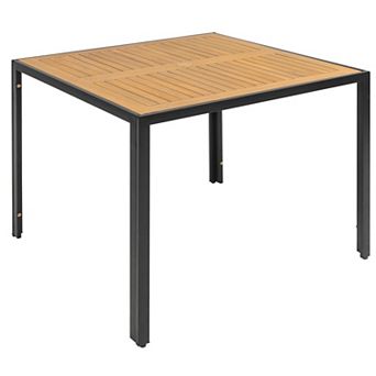 Outdoor Dining Table with Umbrella Hole and Acacia Wood Tabletop, Thick Metal Legs, Black