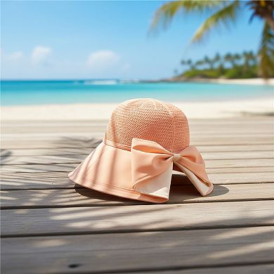 Womens Wide Brim Sun Hat with Breathable Weave and Bow Detail