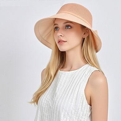 Womens Wide Brim Sun Hat with Breathable Weave and Bow Detail