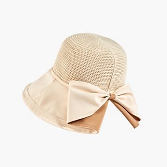 Womens Wide Brim Sun Hat with Breathable Weave and Bow Detail