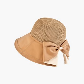 Womens Wide Brim Sun Hat with Breathable Weave and Bow Detail