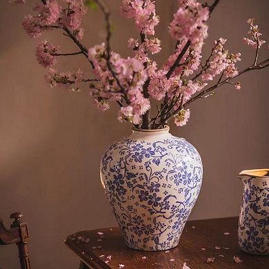 TOEMOA Round Ceramic Vase with Distressed Finish Floral Decorative Accent