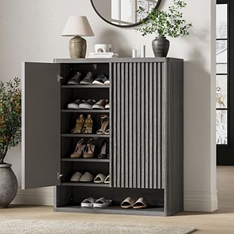 31.5" Fluted Shoe Cabinet with Adjustable Shelves, Wooden Entryway Organizer for 2530 Pairs