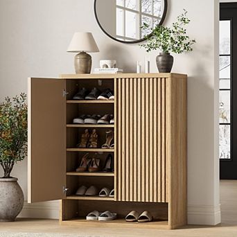 31.5" Fluted Shoe Cabinet with Adjustable Shelves, Wooden Entryway Organizer for 2530 Pairs