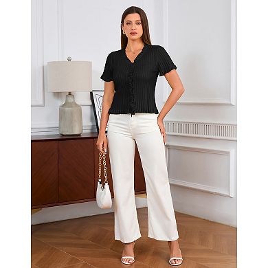 Women Short Sleeve Sweater Cardigan Shirt Summer Button Down Ruffle Trim Knit Top