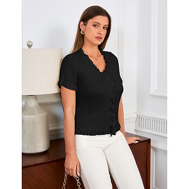 Women Short Sleeve Sweater Cardigan Shirt Summer Button Down Ruffle Trim Knit Top