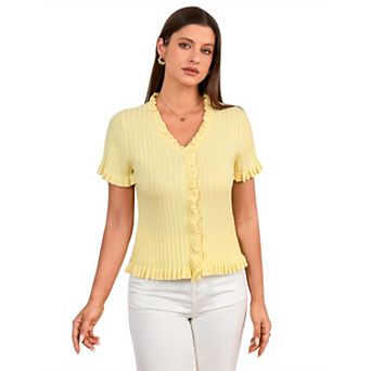 Women Short Sleeve Sweater Cardigan Shirt Summer Button Down Ruffle Trim Knit Top