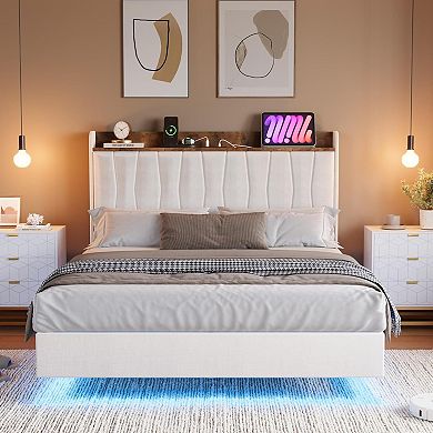 Floating Bed Frame Full with LED Lights & USB Charging Station Modern Upholstered Platform Bed