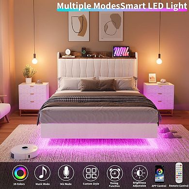 Floating Bed Frame Full with LED Lights & USB Charging Station Modern Upholstered Platform Bed