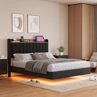 Floating Bed Frame Full with LED Lights & USB Charging Station Modern Upholstered Platform Bed