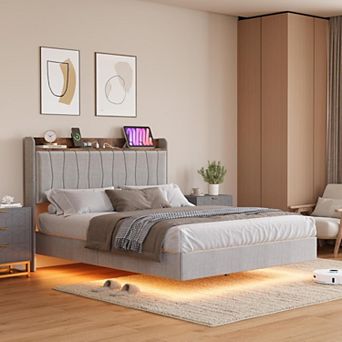 Floating Bed Frame Full with LED Lights & USB Charging Station Modern Upholstered Platform Bed